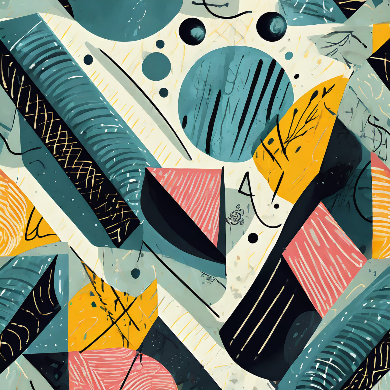 Abstract art with geometric shapes and patterns in various colors