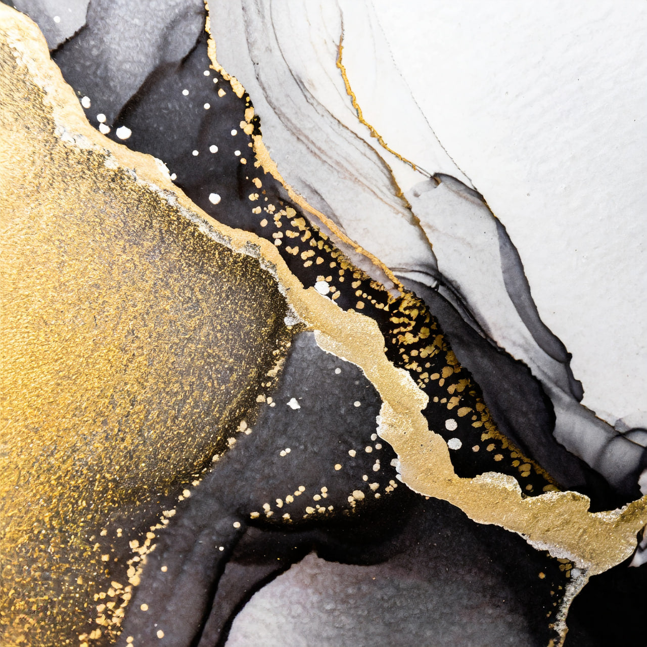 Abstract art with gold, black, and gray colors on a textured surface