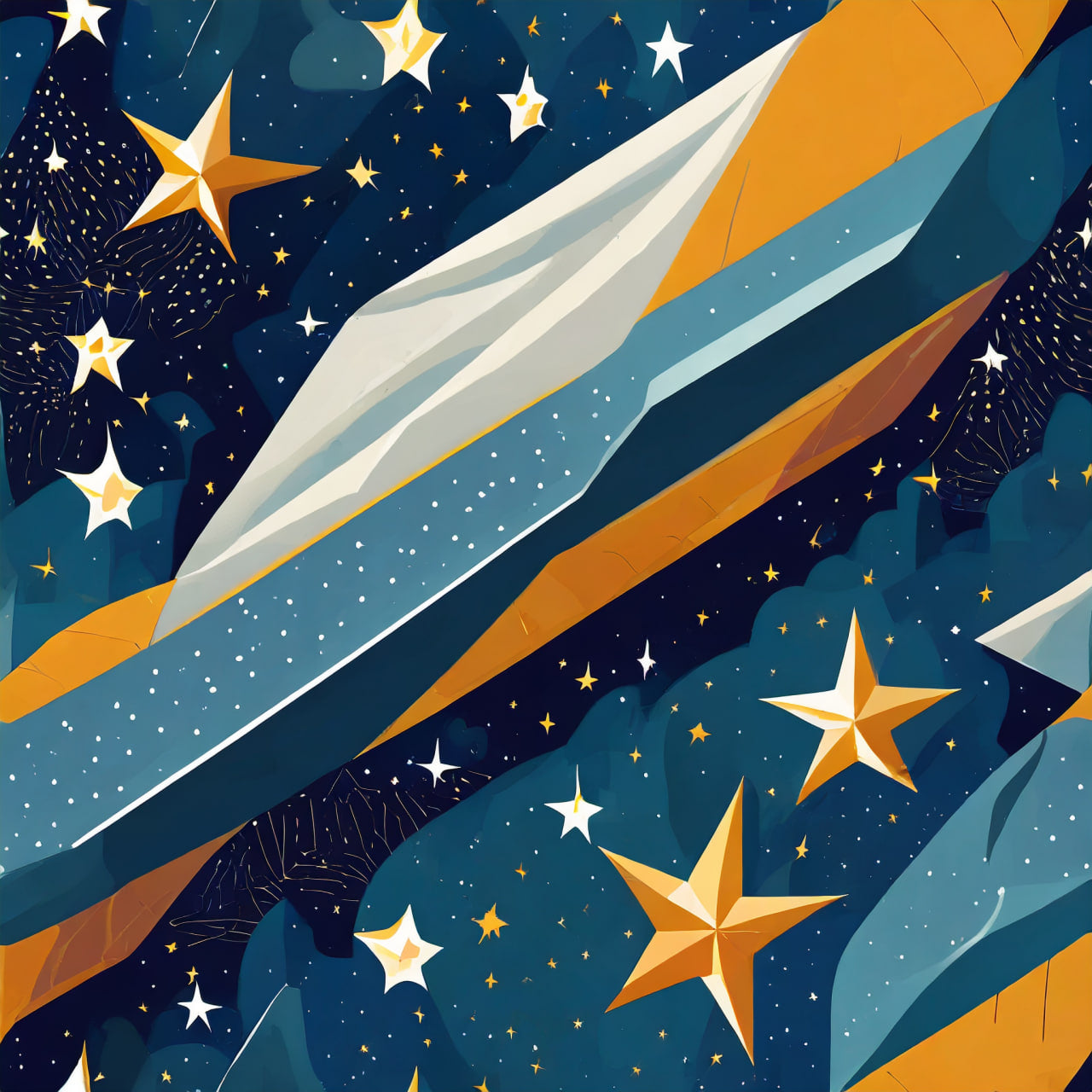 Illustration of a starry night sky with colorful abstract shapes.