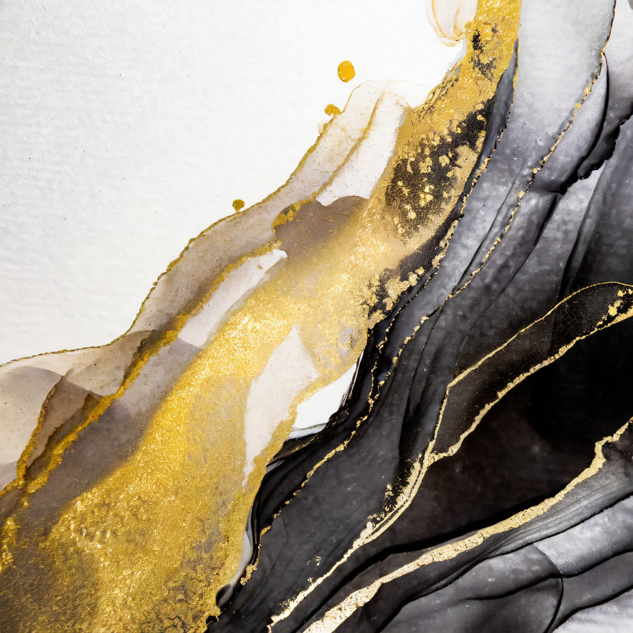 Abstract art with gold, black, and gray colors on a white background