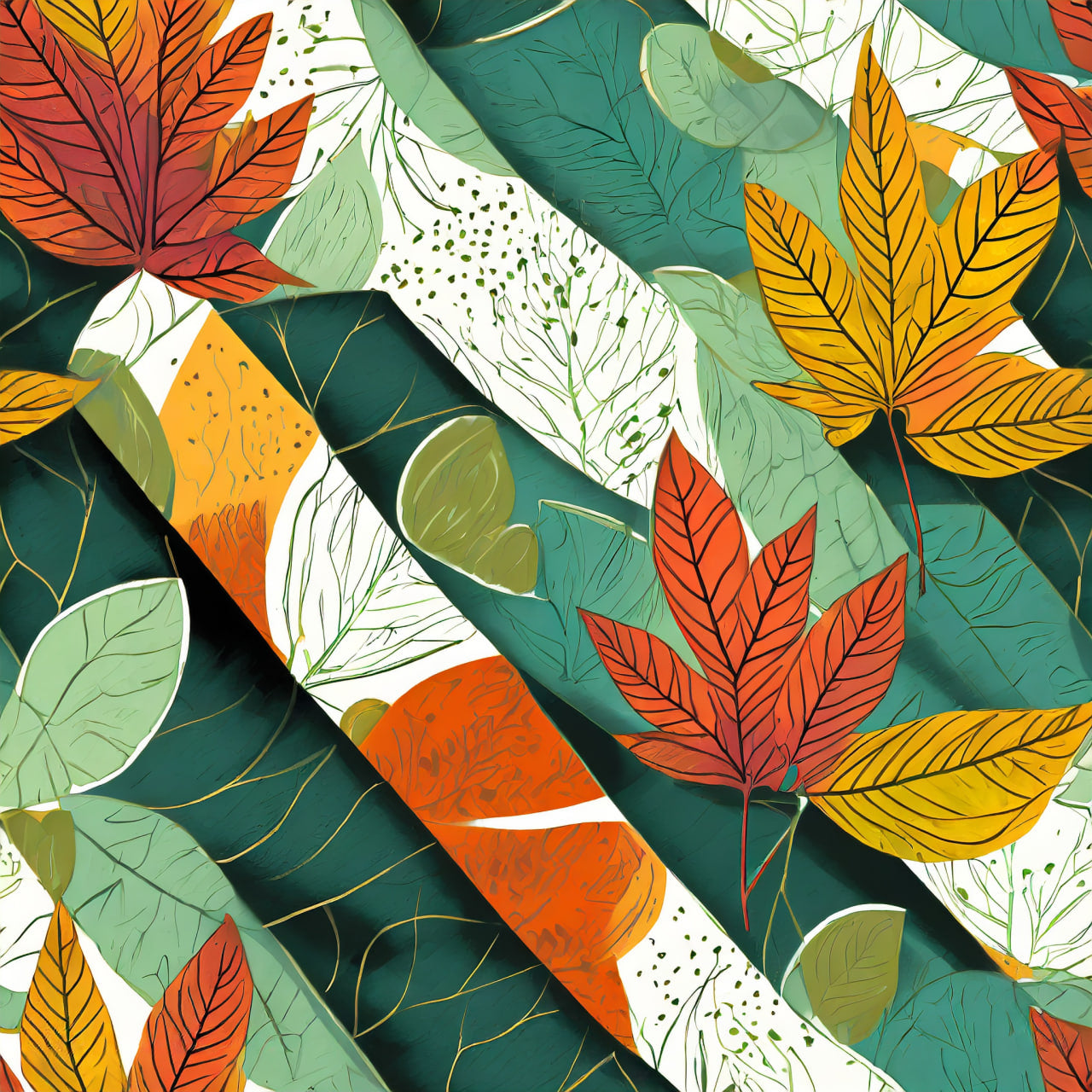 Pattern of autumn leaves in red, orange, and green on a teal background