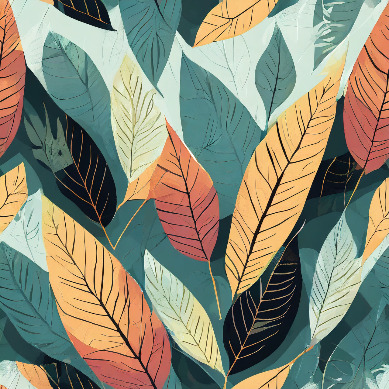 Pattern of colorful leaves on a dark green background