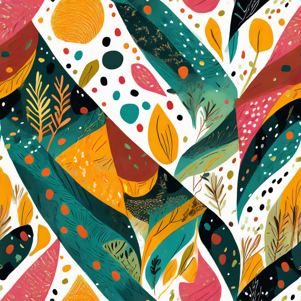 Colorful abstract pattern with geometric shapes and leaves on a white background