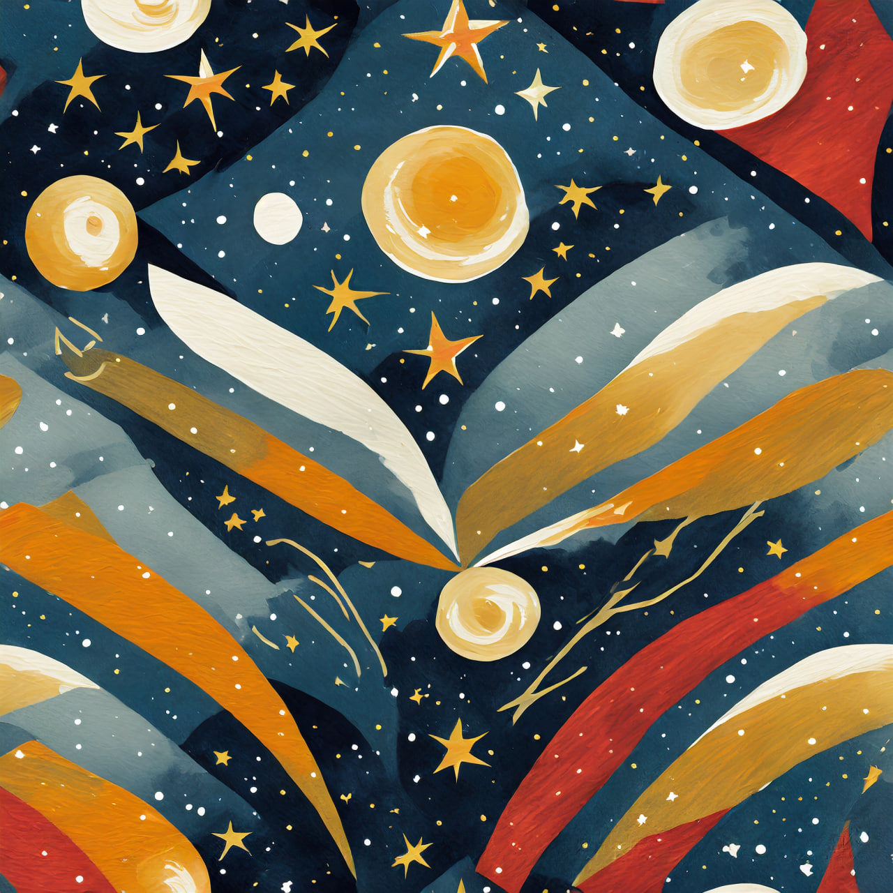 Illustration of a book with celestial elements like planets and stars on a dark blue background.