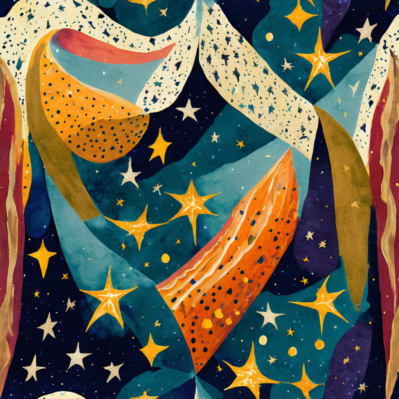Colorful fabric with stars on a dark blue background