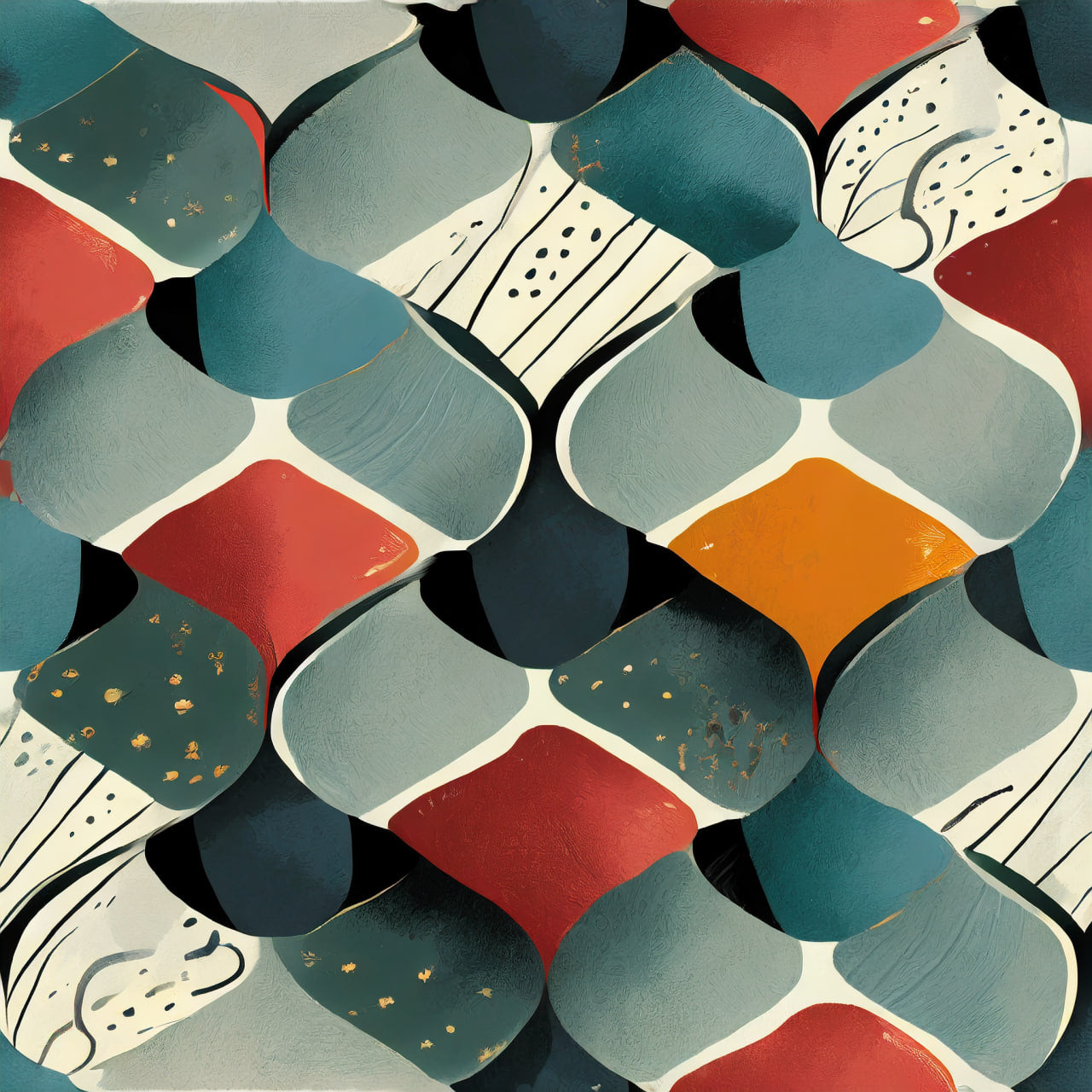 Geometric pattern with red, blue, and orange shapes on a textured background