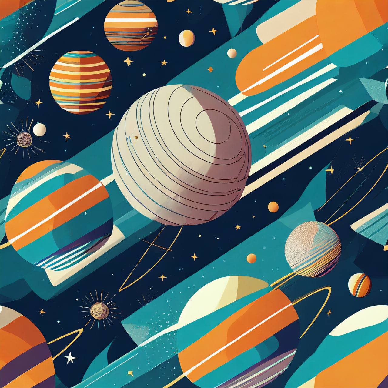 abstract Illustration of planets and space elements with a colorful design.