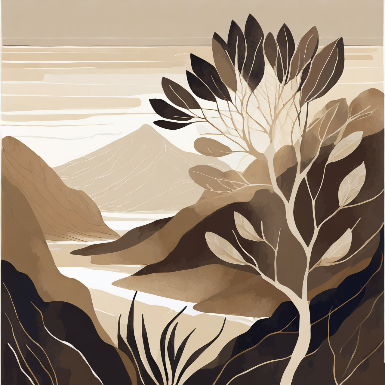 Artistic depiction of a mountain landscape with stylized trees and foliage.