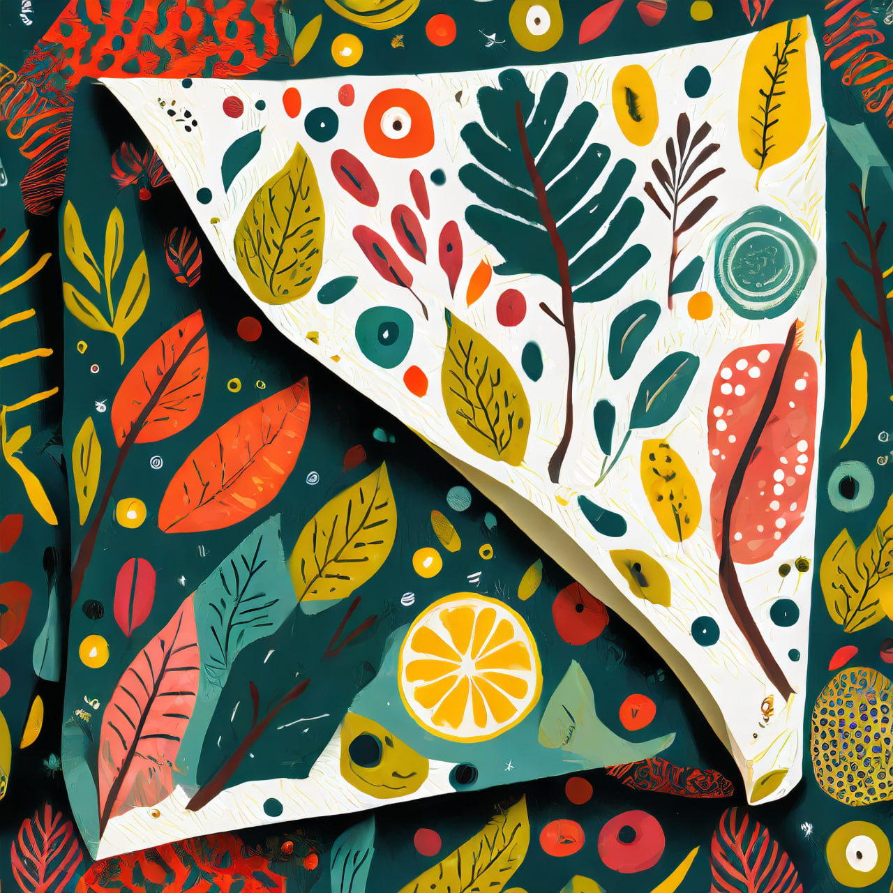 Colorful leaf and fruit patterned paper with a white border on a dark background