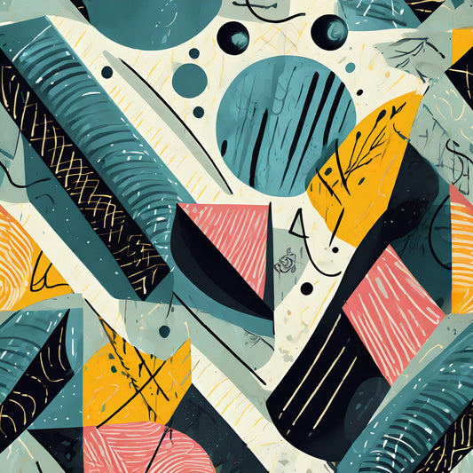 Abstract art with geometric shapes and patterns in various colors