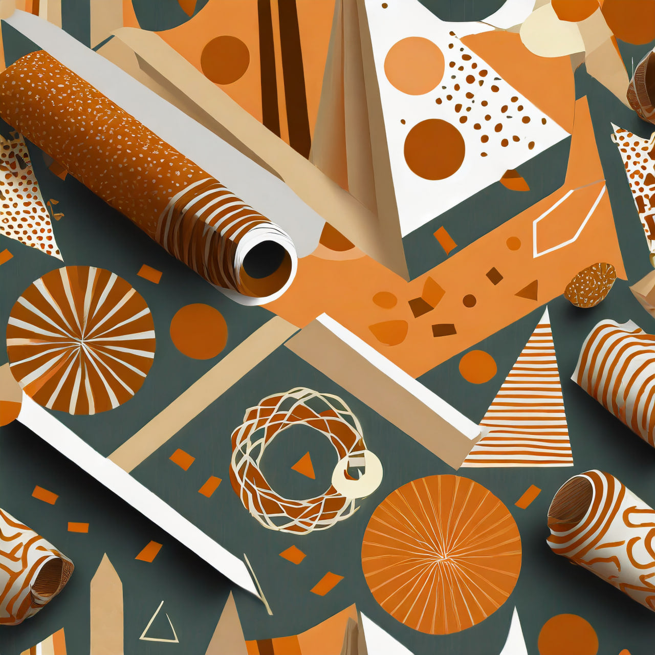 Patterned paper rolls with geometric shapes on a dark background