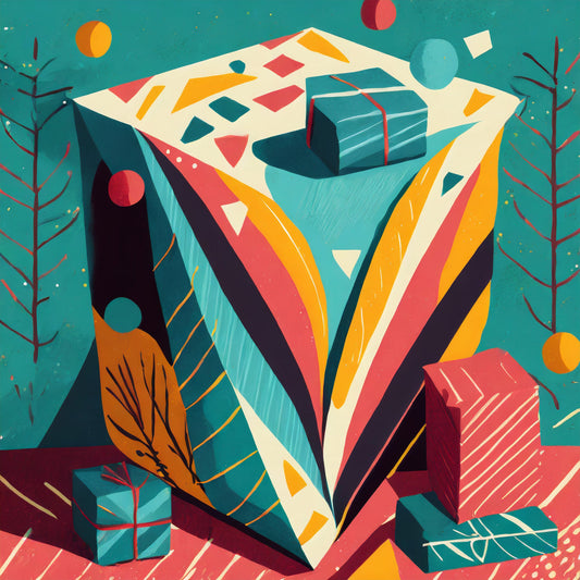 Colorful abstract design with geometric shapes and gift boxes on a teal background