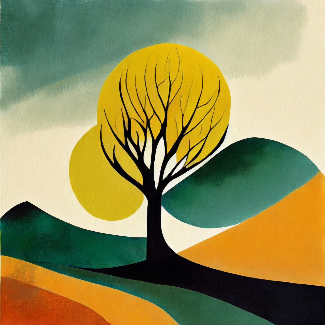 Abstract landscape with a tree and colorful shapes
