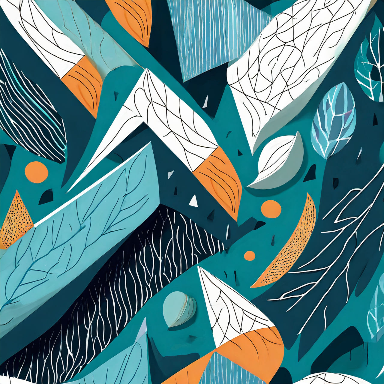 Colorful abstract pattern with geometric shapes and leaves on a dark blue background