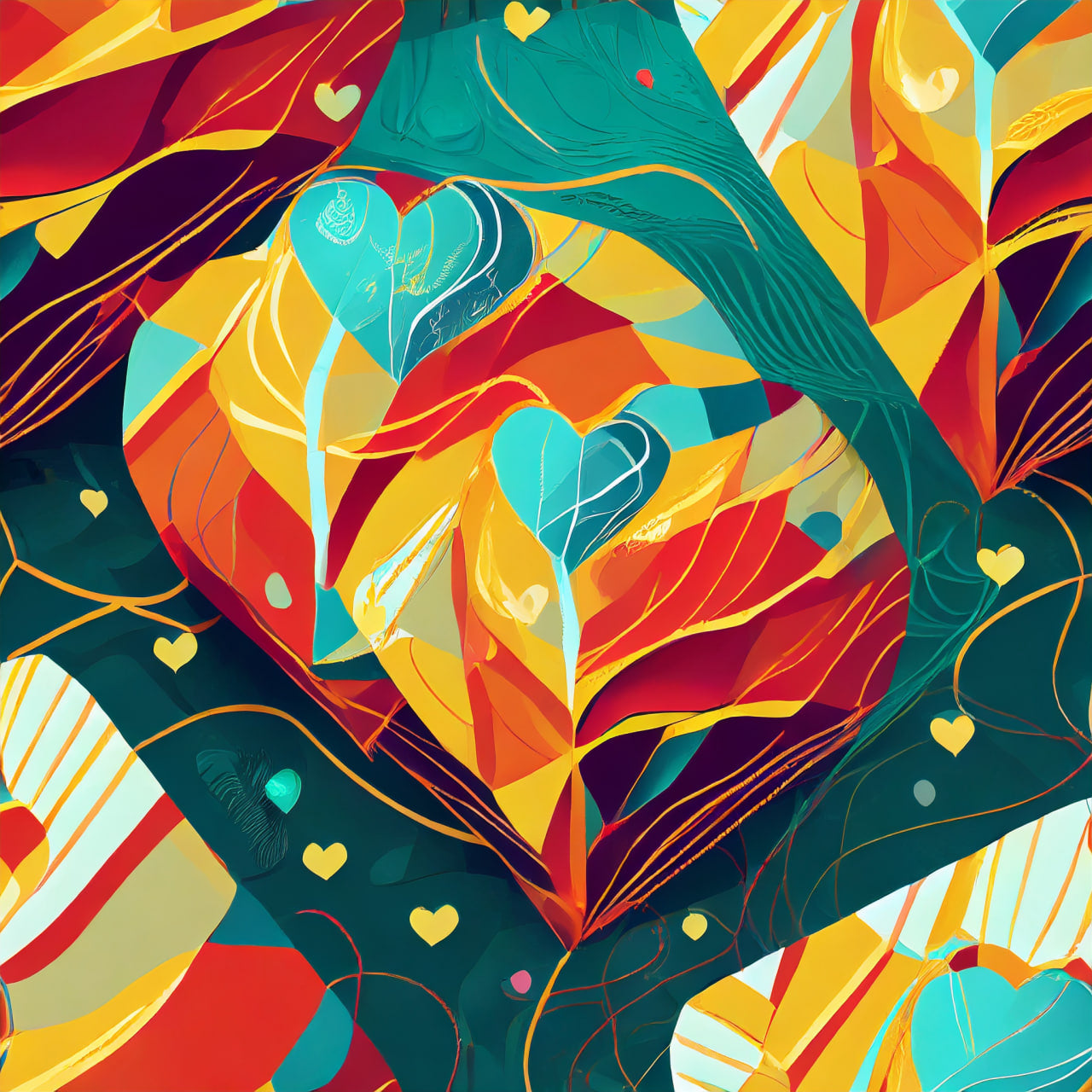 Colorful abstract design with heart shapes and birds on a dark background