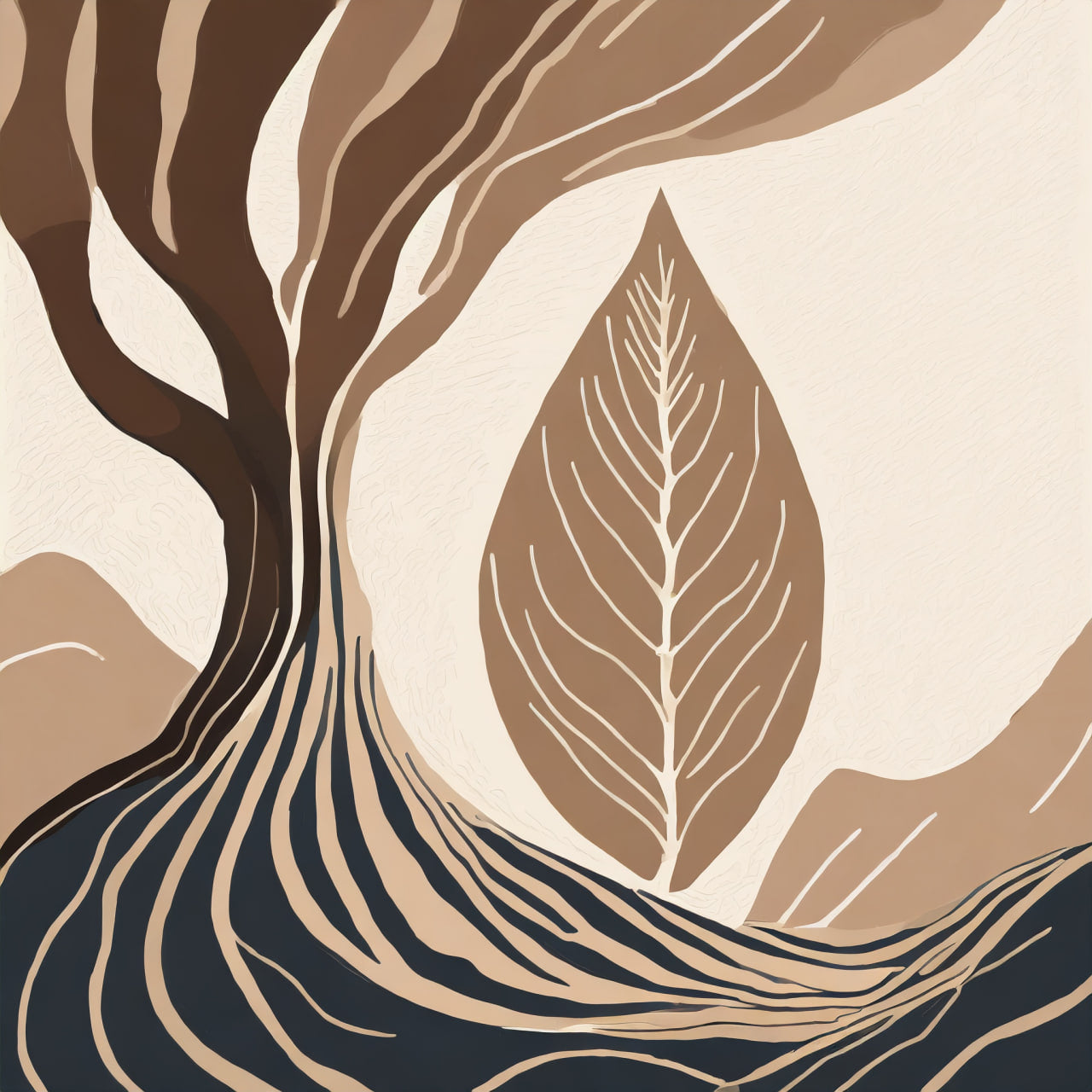 Abstract illustration of a tree with a large leaf on a beige background