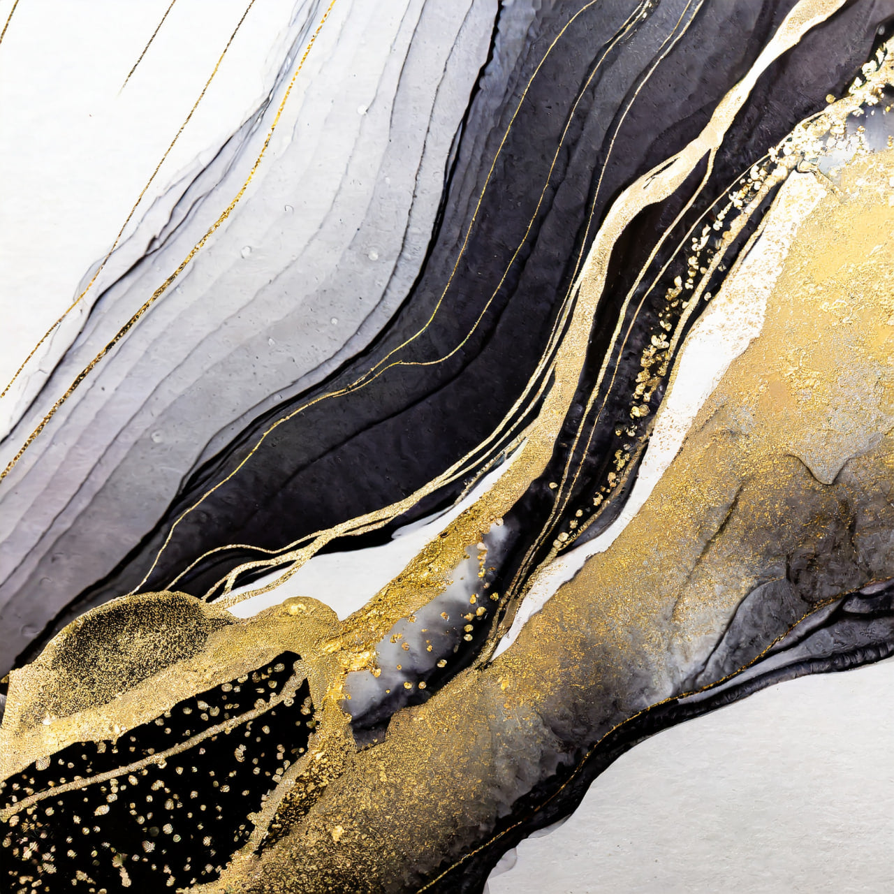 Abstract art with gold, black, and gray colors on a white background