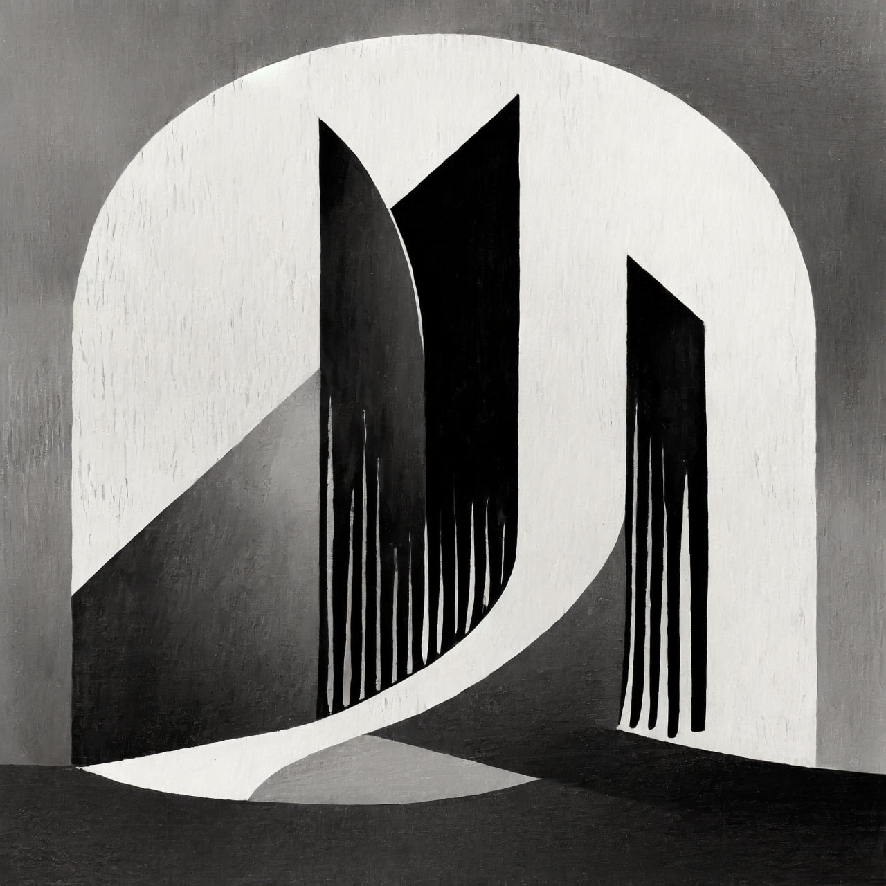 Abstract black and white architectural design with arches and geometric shapes.