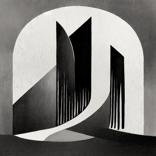 Abstract black and white architectural design with arches and geometric shapes.