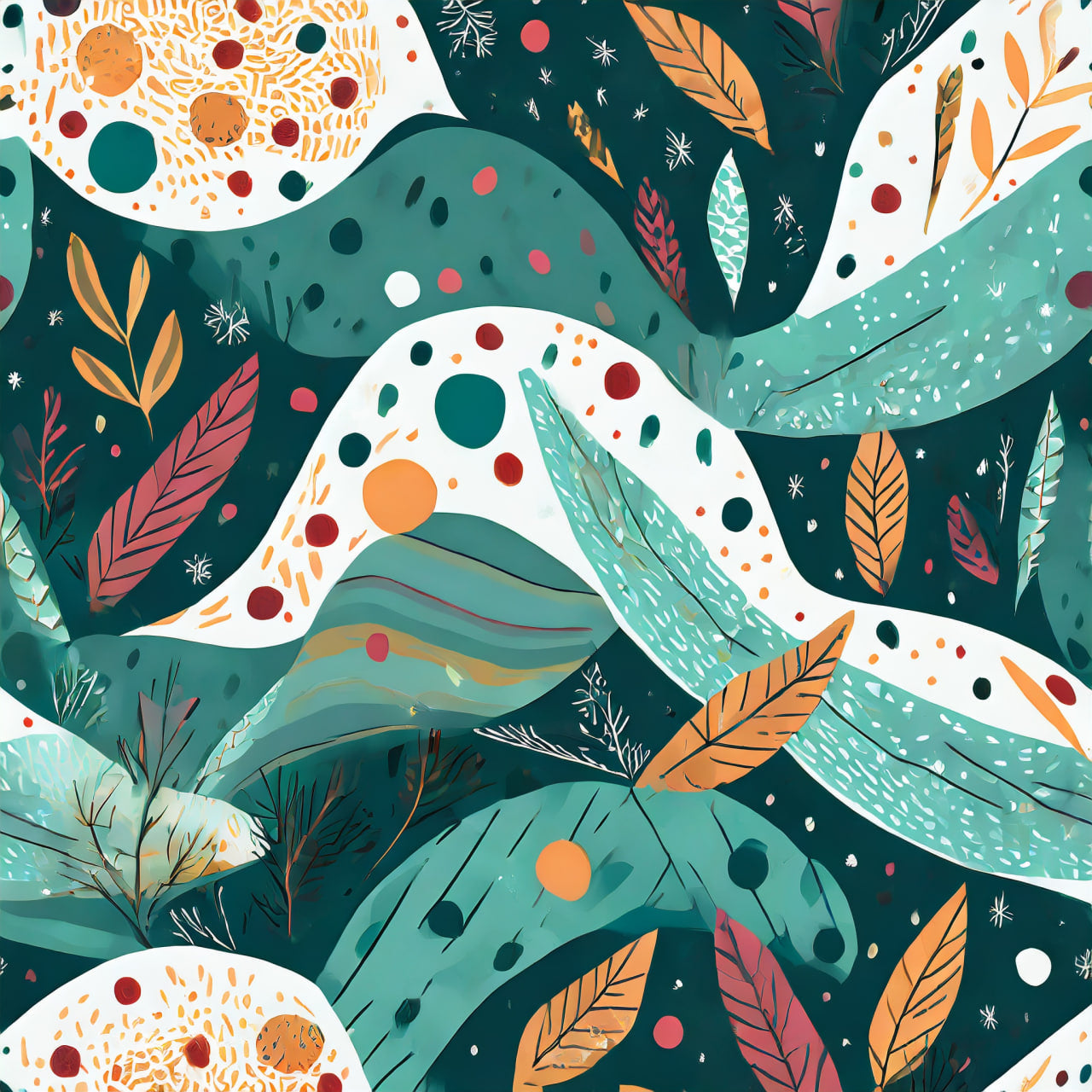 Colorful abstract design with wavy lines and leaf patterns on a dark background