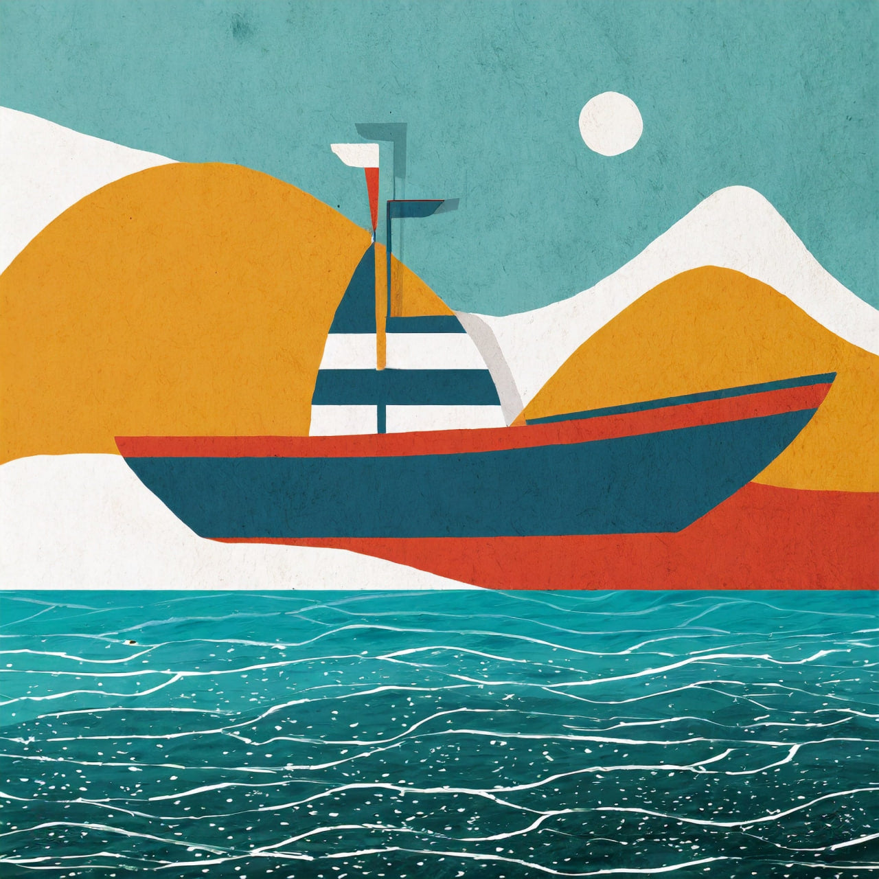 Sailboat with striped sail on a stylized landscape with mountains and sky.