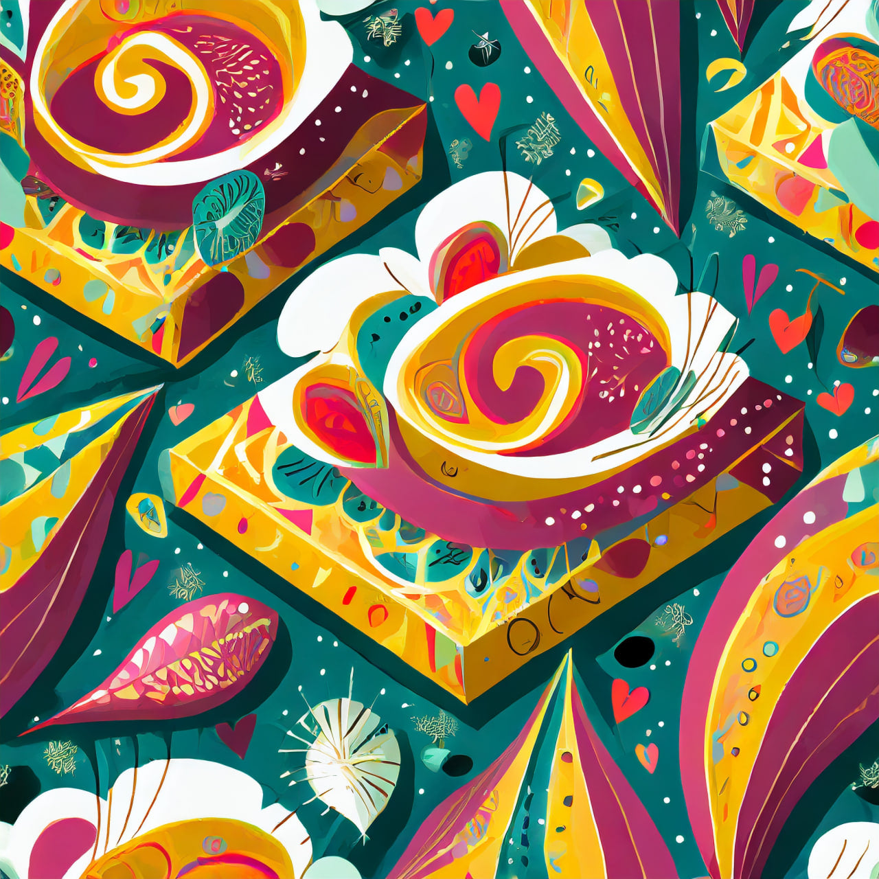 Colorful abstract design with swirling patterns and geometric shapes on a dark teal background.