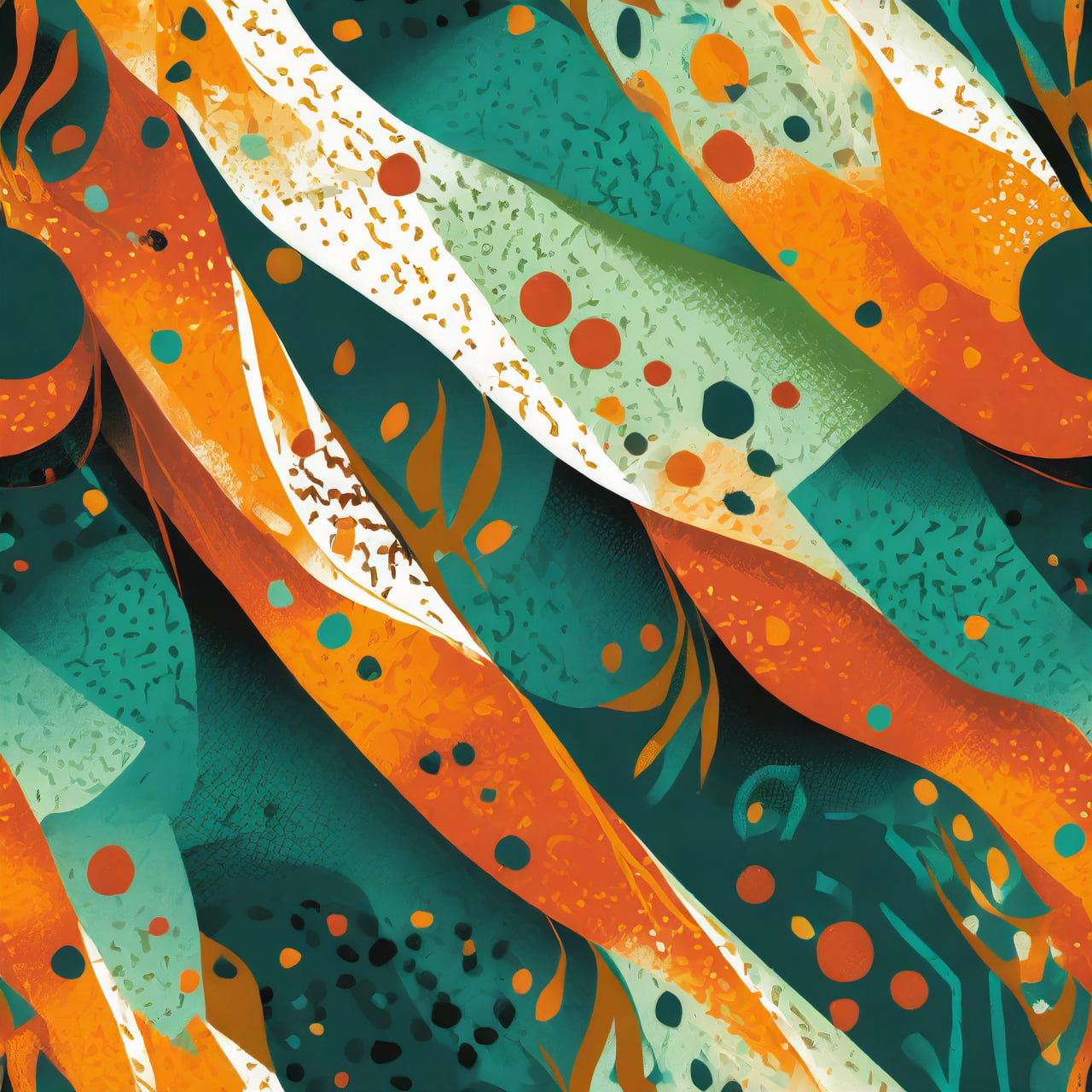 Colorful abstract pattern with orange, green, and blue colors.