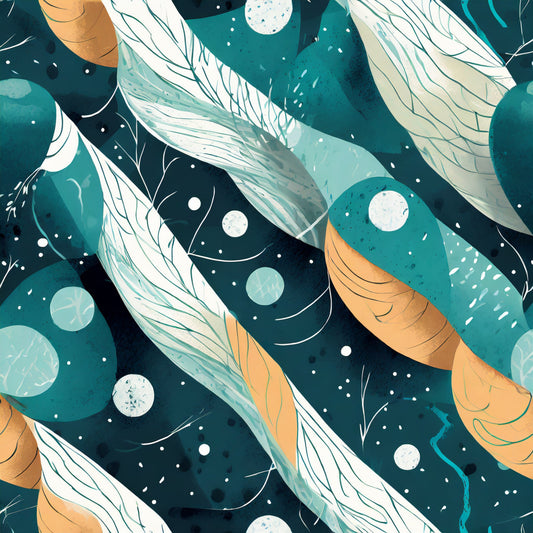 Illustration of feathers and celestial elements on a dark blue background