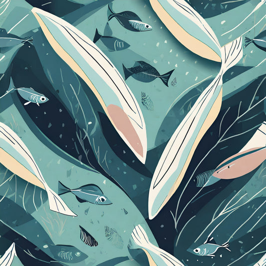 Illustration of fish swimming among leaves and plants underwater