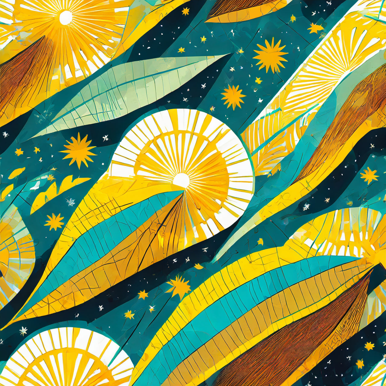 Colorful abstract design with suns and waves on a blue background