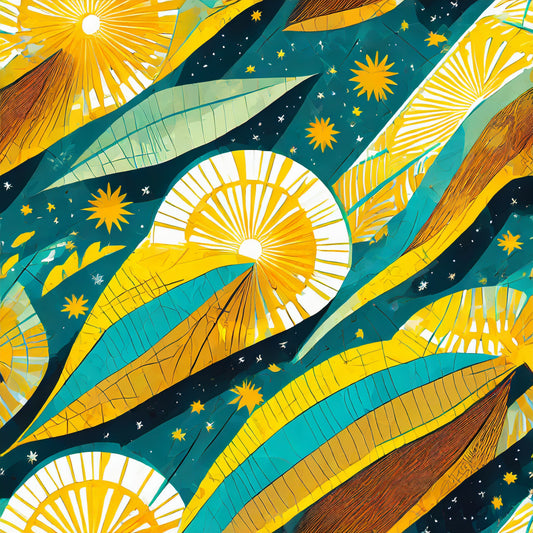 Colorful abstract design with suns and waves on a blue background