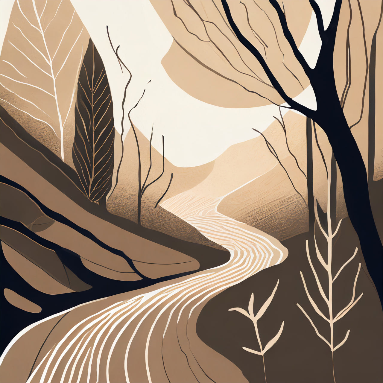 Artistic depiction of a winding path through a forest with trees and leaves.