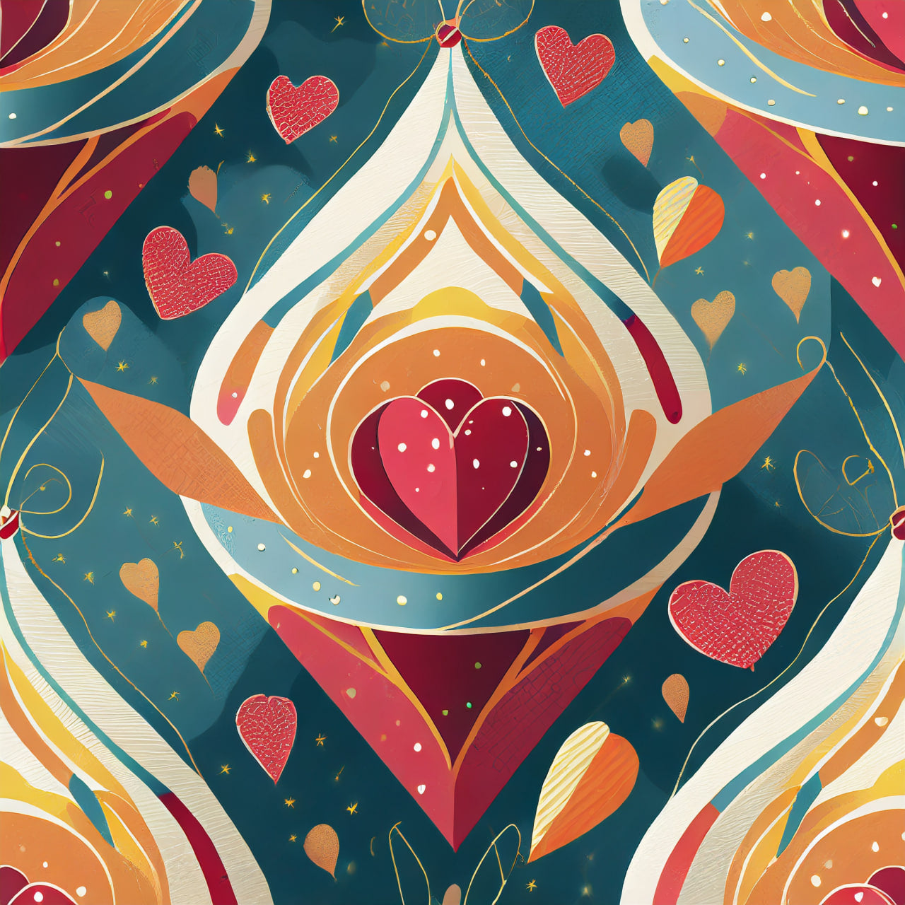 Colorful abstract design with heart shapes and swirling patterns