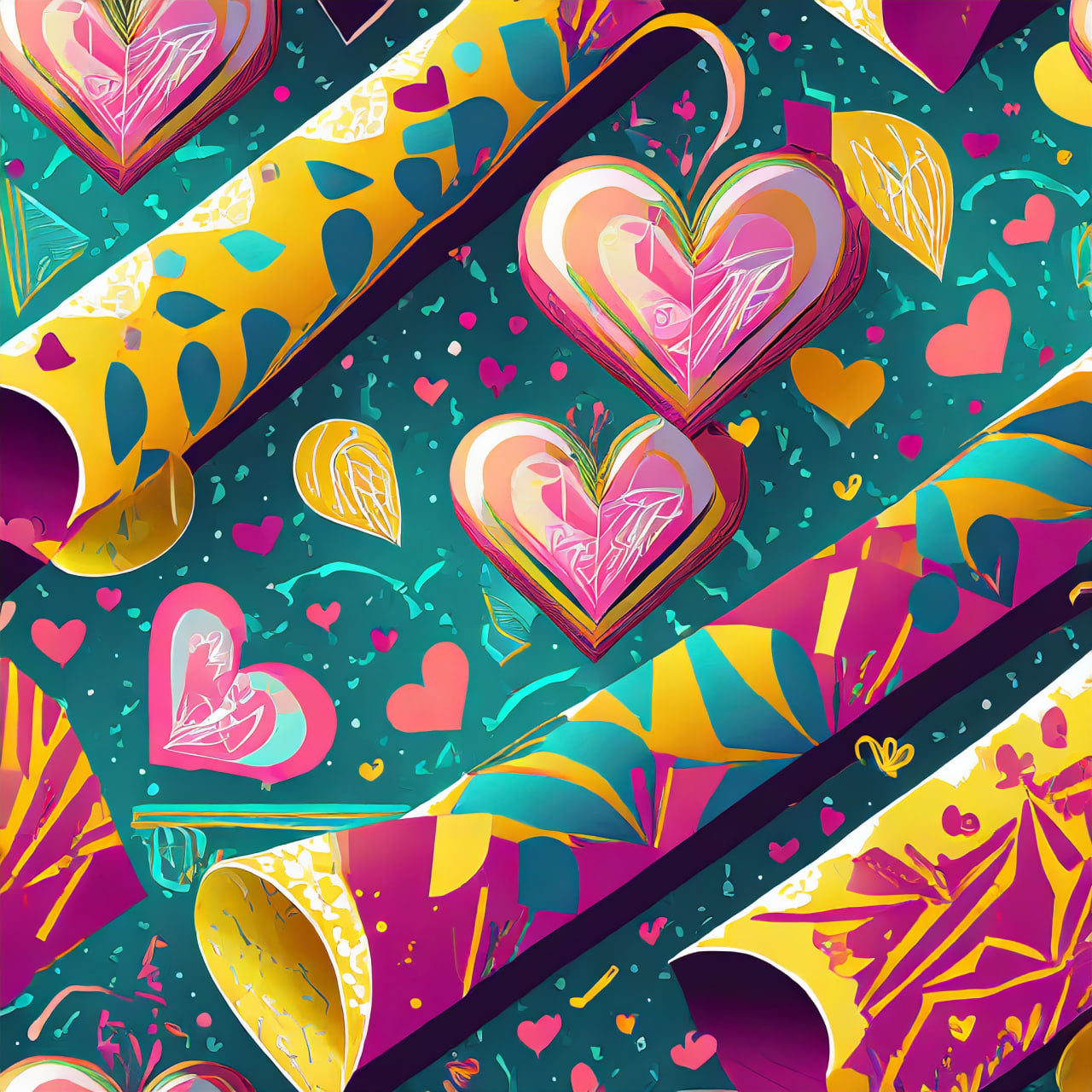 Colorful pattern with hearts and abstract shapes on a dark background