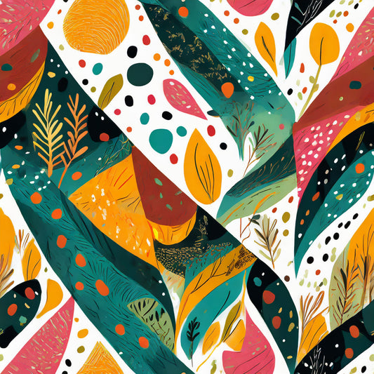 Colorful abstract pattern with geometric shapes and leaves on a white background