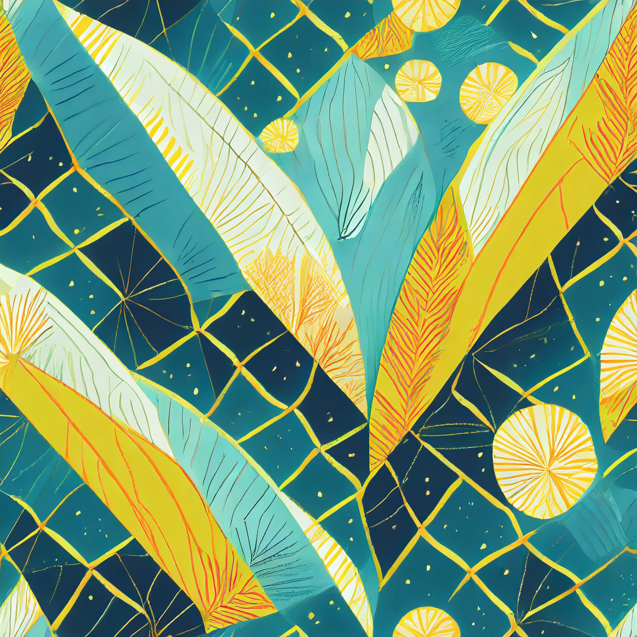 Colorful geometric pattern with blue, yellow, and green colors on a dark blue background.