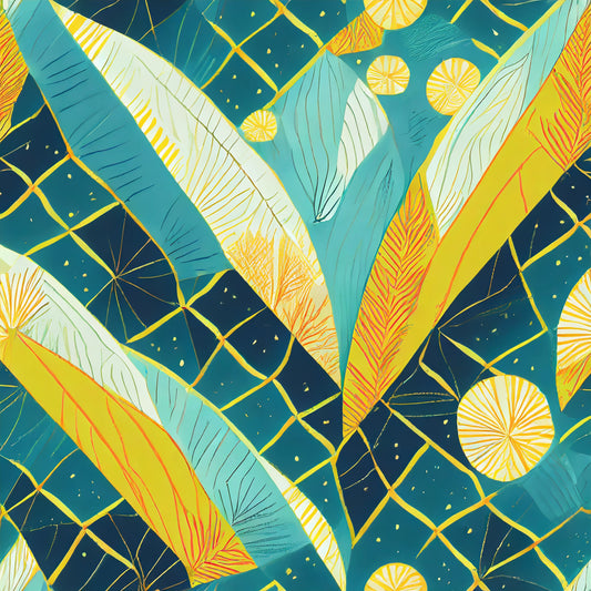 Colorful geometric pattern with blue, yellow, and green colors on a dark blue background.
