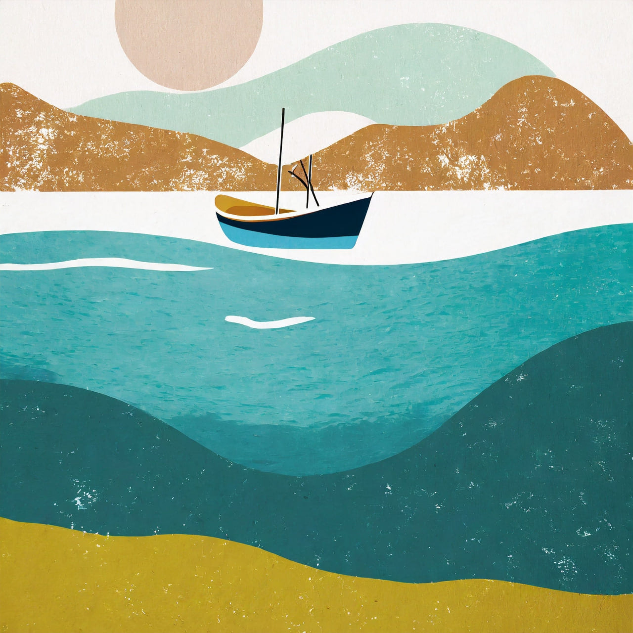 Sailing boat on wavy water with mountains and sun in the background