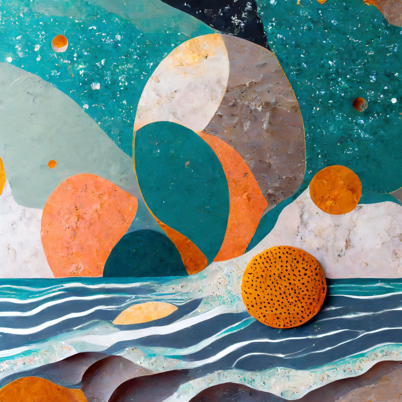 Abstract art with geometric shapes in orange, blue, and gray on a textured background