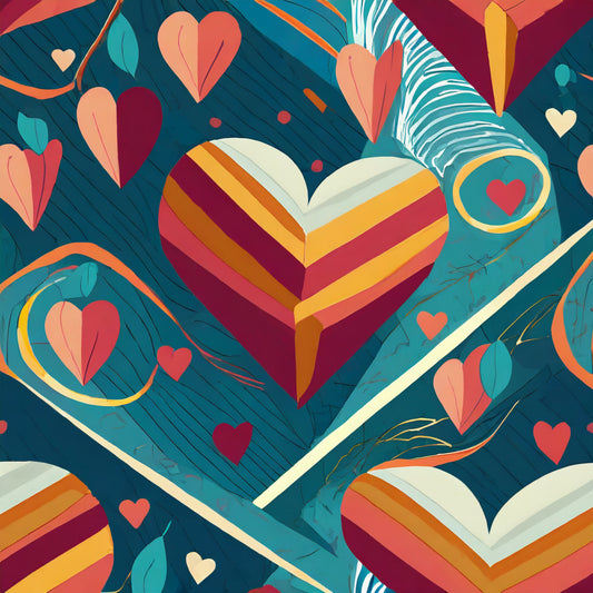 Colorful heart-themed design with books and hearts on a blue background
