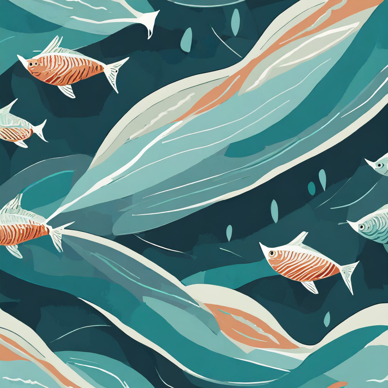 Illustration of fish swimming among flowing water and leaves.