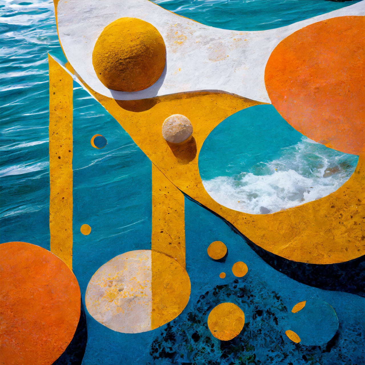 Abstract art with geometric shapes and colors on a textured surface