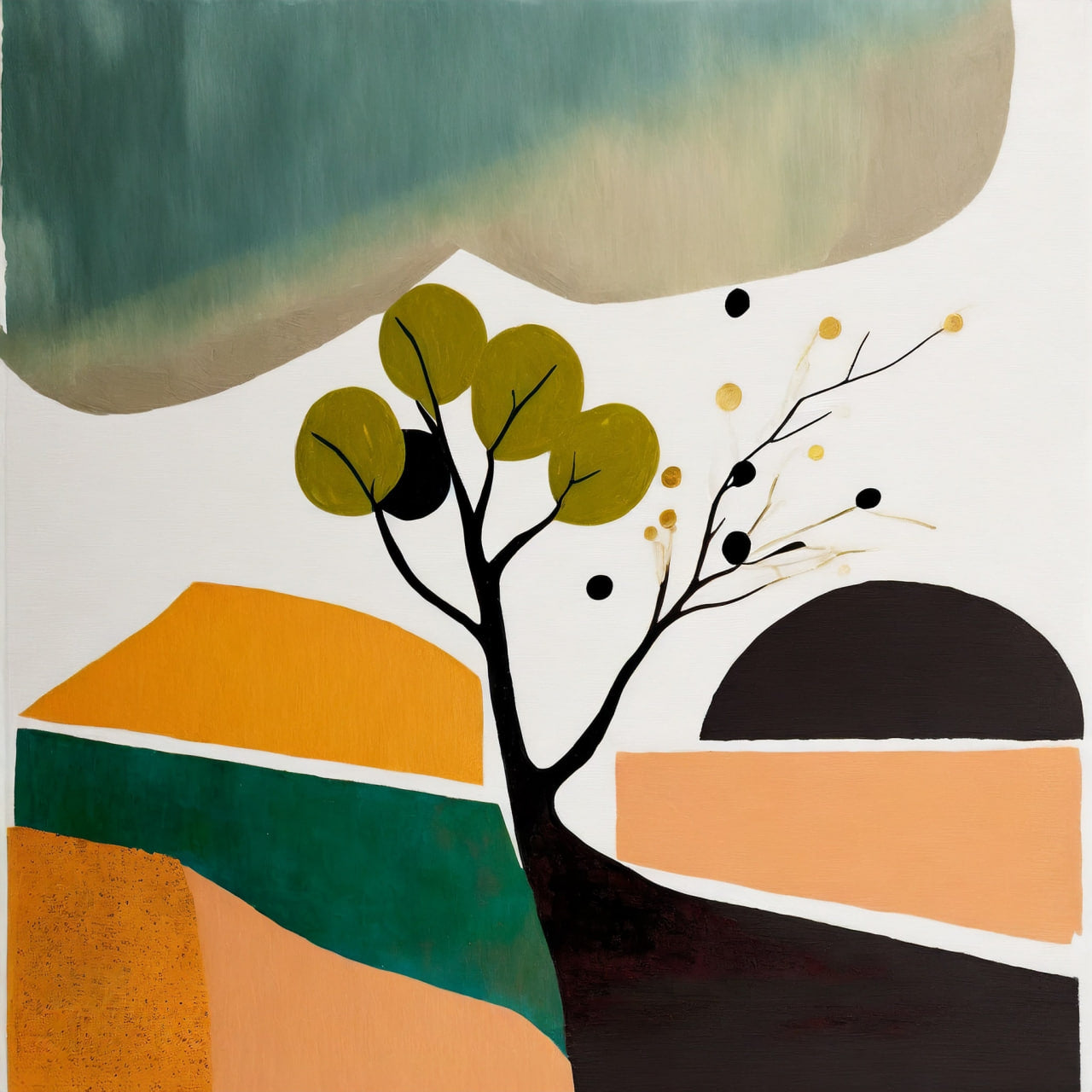Abstract art piece with a tree and geometric shapes in green, brown, and orange.
