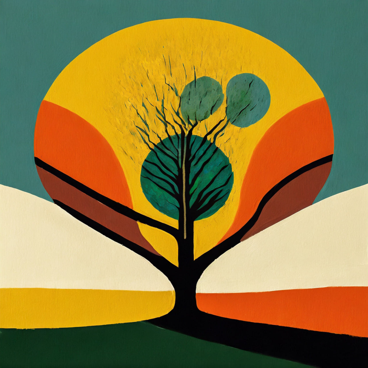 Simplified tree design with a colorful sun and landscape
