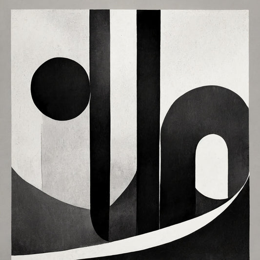 Black and white abstract design with geometric shapes on a textured background