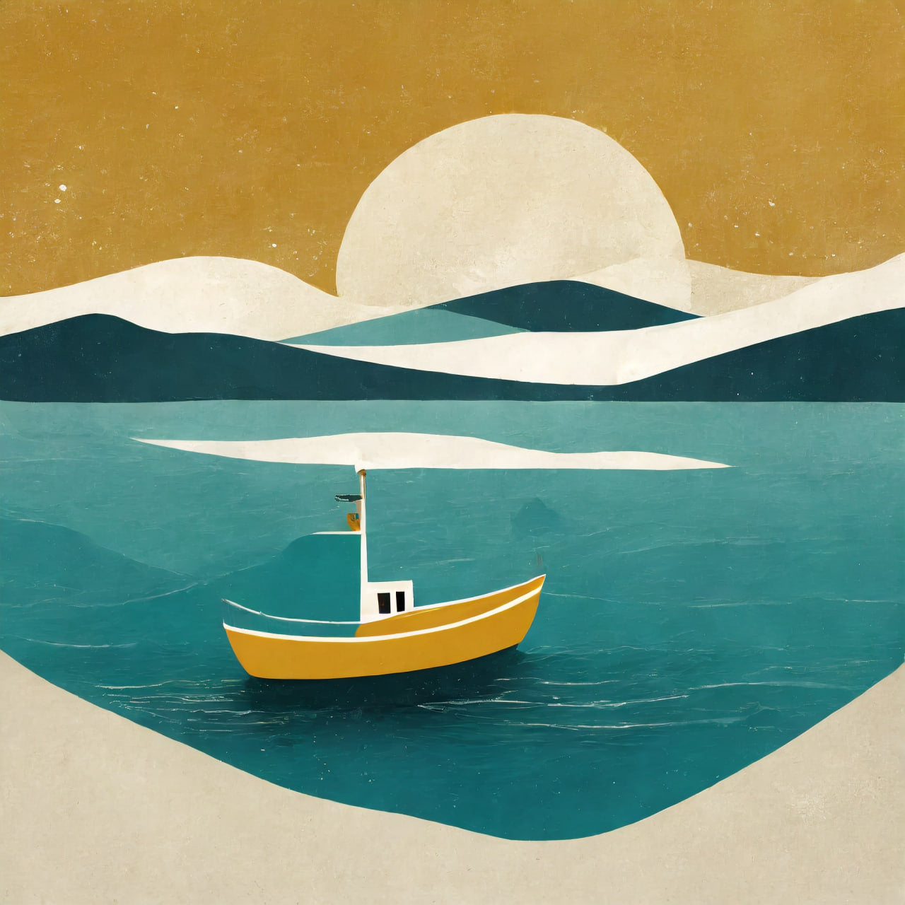 Sailing boat on blue water with a large white moon in the sky