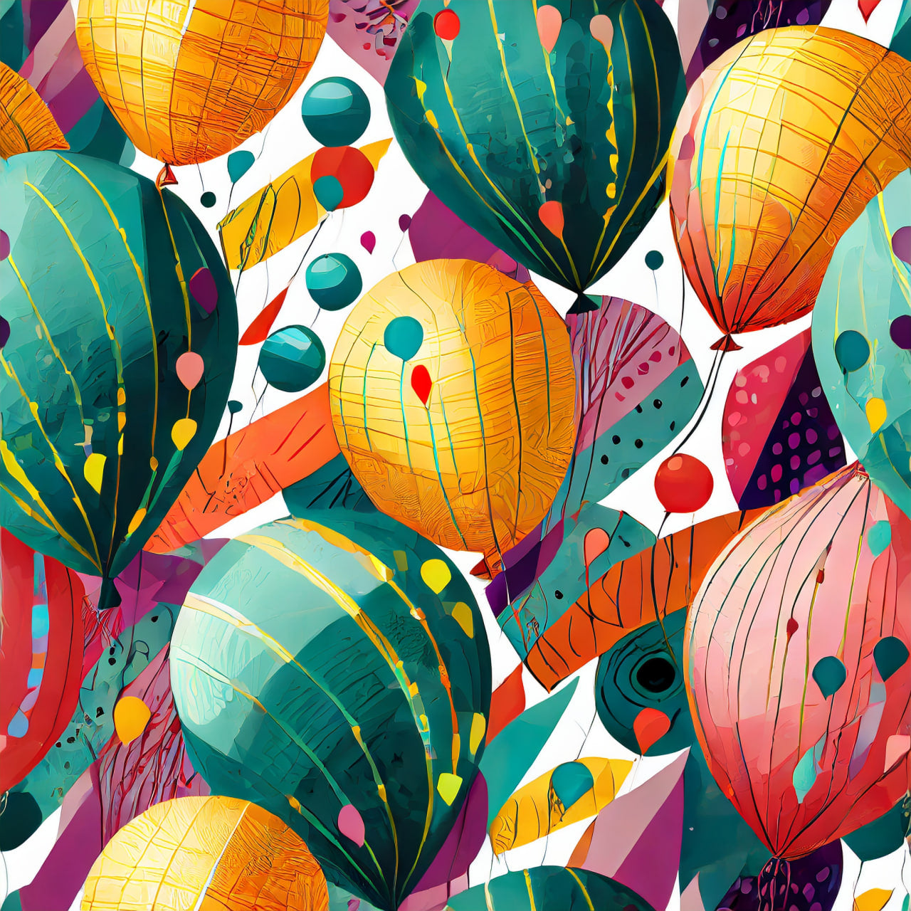 Colorful pattern of balloons and abstract shapes on a white background