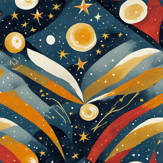 Illustration of a book with celestial elements like planets and stars on a dark blue background.