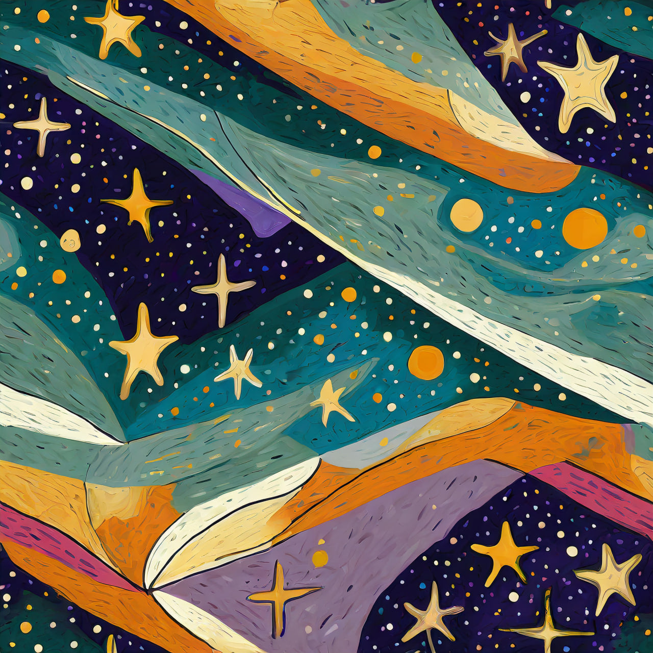 Colorful illustration of space with stars and planets.