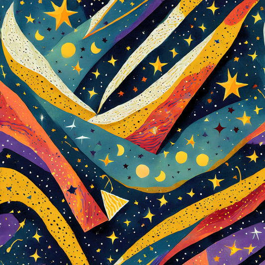 Colorful abstract design with stars and celestial elements on a dark background